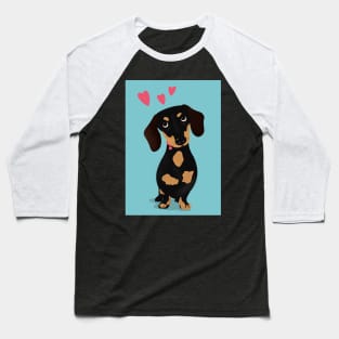 Cute Cartoon Dachshund with Three Pink Hearts Baseball T-Shirt